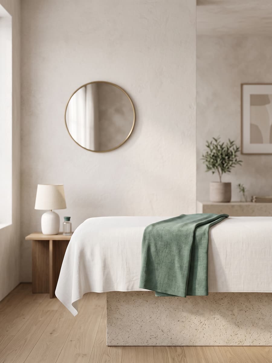 Sala de atendimento da Aurema, com maca, espelho redondo e luz natural